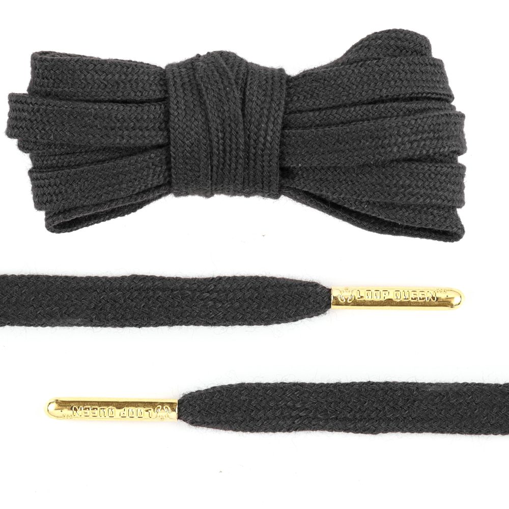 Flat Cotton Black Shoelaces with Gold Tips