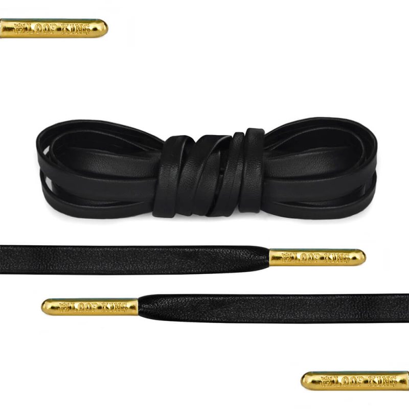Luxury Black Leather Shoe Laces With Gold Tips
